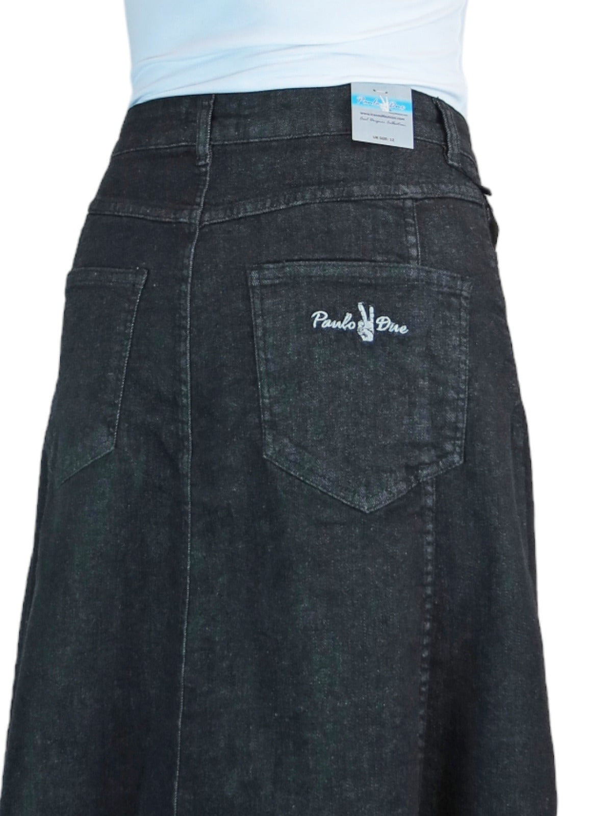 Stretch Denim Flared Maxi Skirt Washed Black
