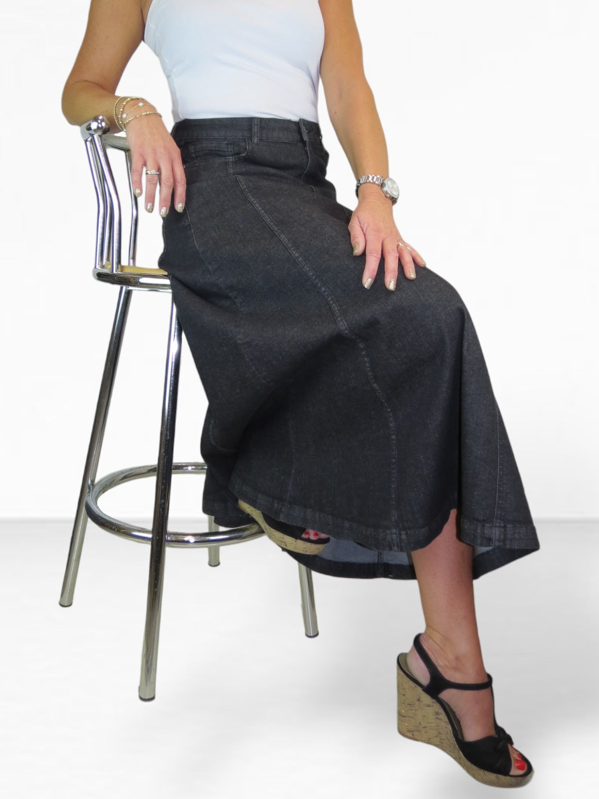 Stretch Denim Flared Maxi Skirt Washed Black