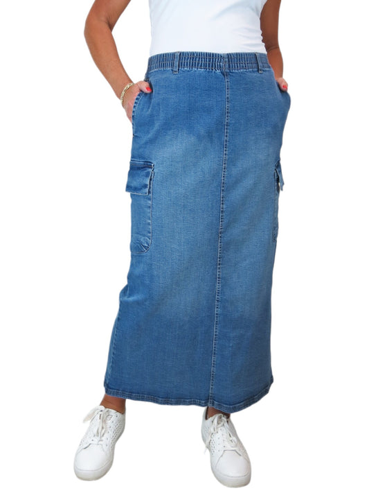 Women's Cargo Maxi Skirt Mid Blue Faded