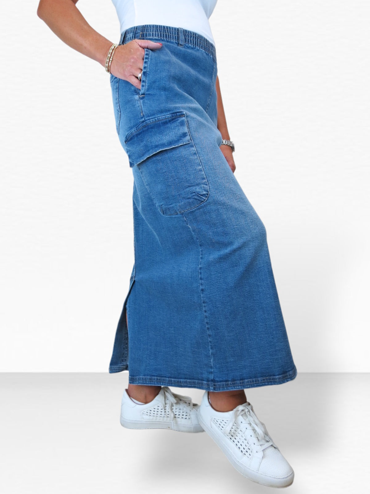 Women's Cargo Maxi Skirt Mid Blue Faded