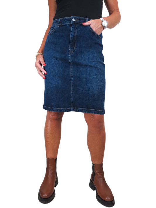 Stretch Denim Knee Length Pencil Skirt Dark Blue Faded
