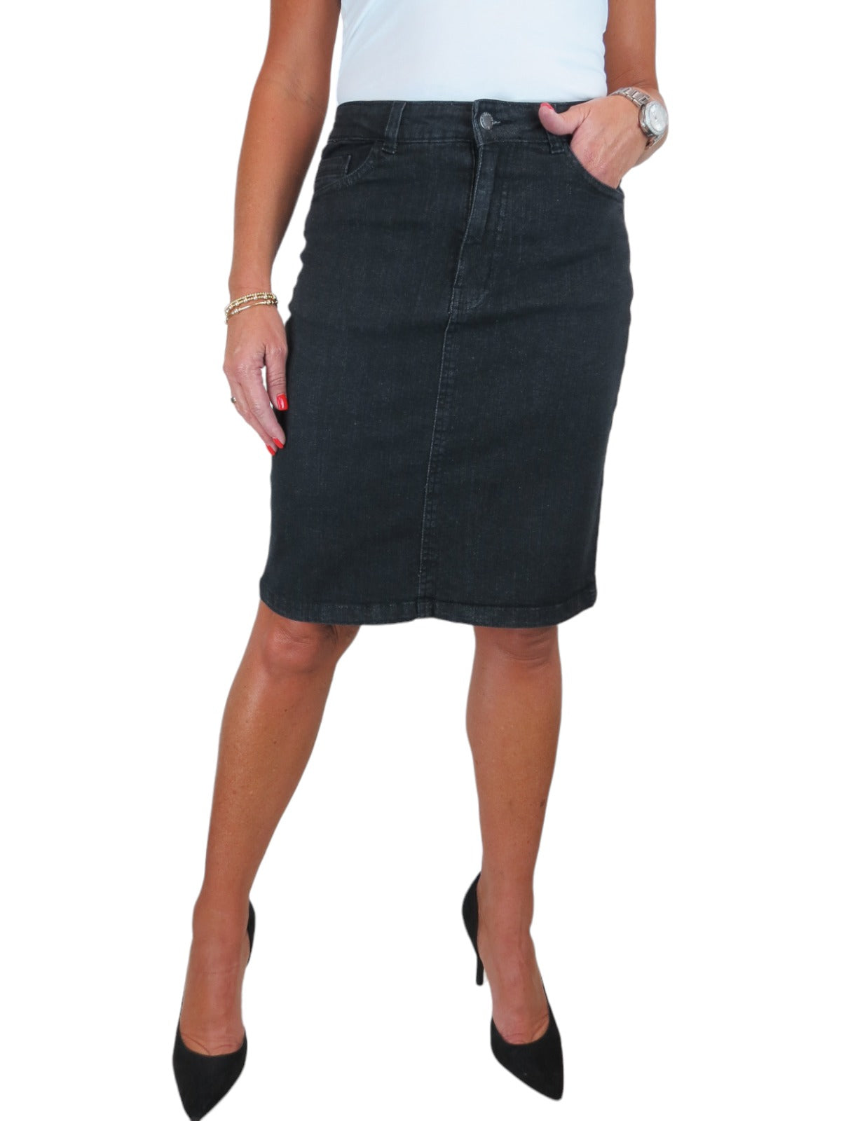 Stretch Denim Knee Length Pencil Skirt Black