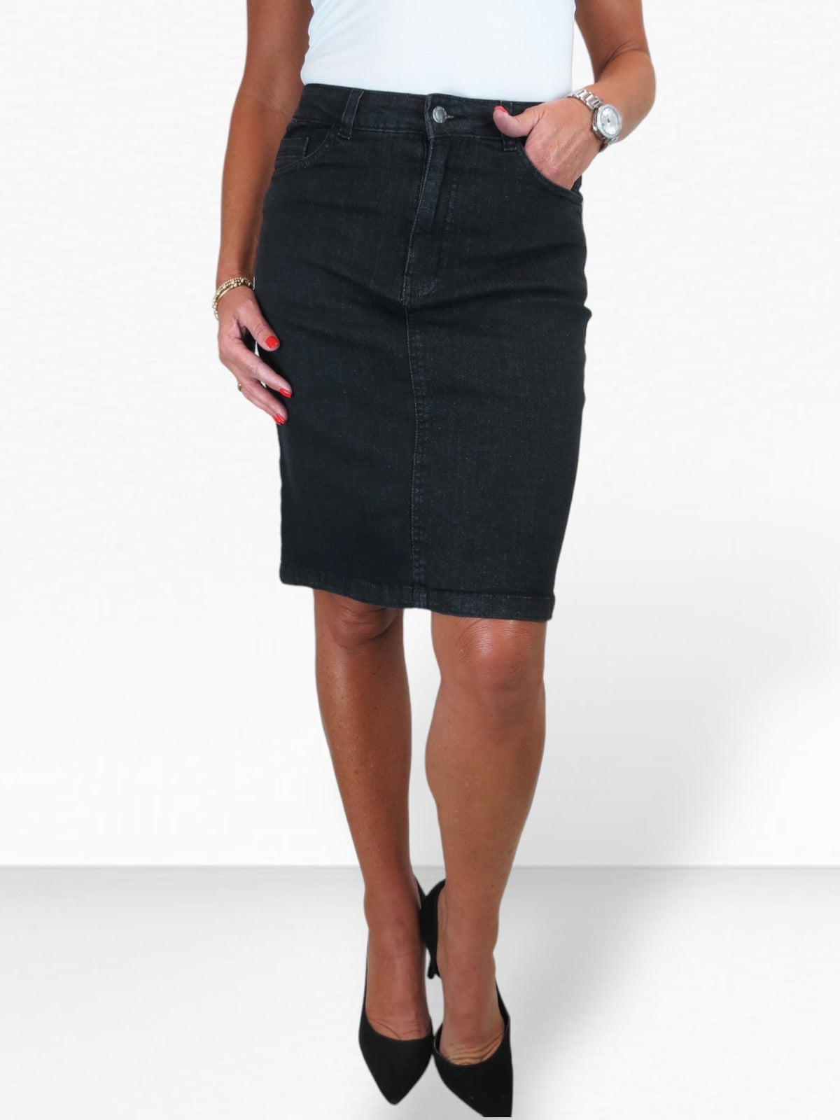 Stretch Denim Knee Length Pencil Skirt Black