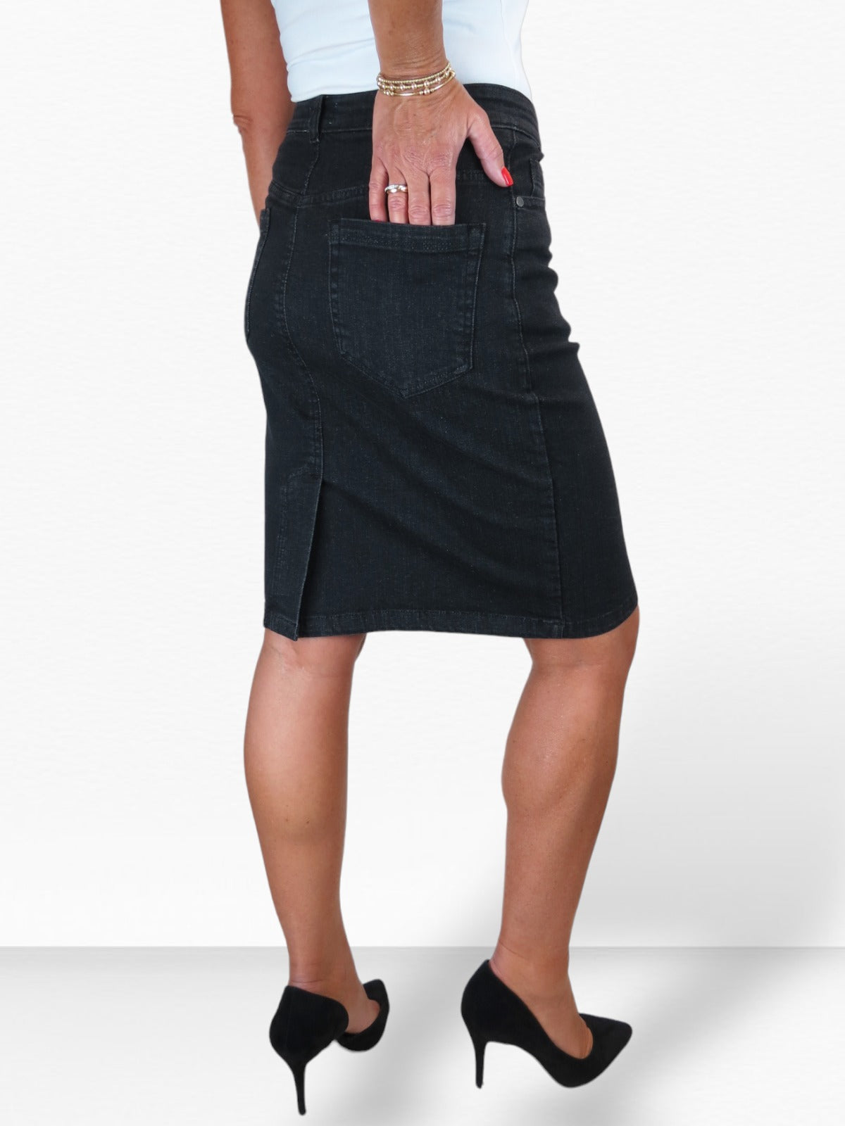 Stretch Denim Knee Length Pencil Skirt Black