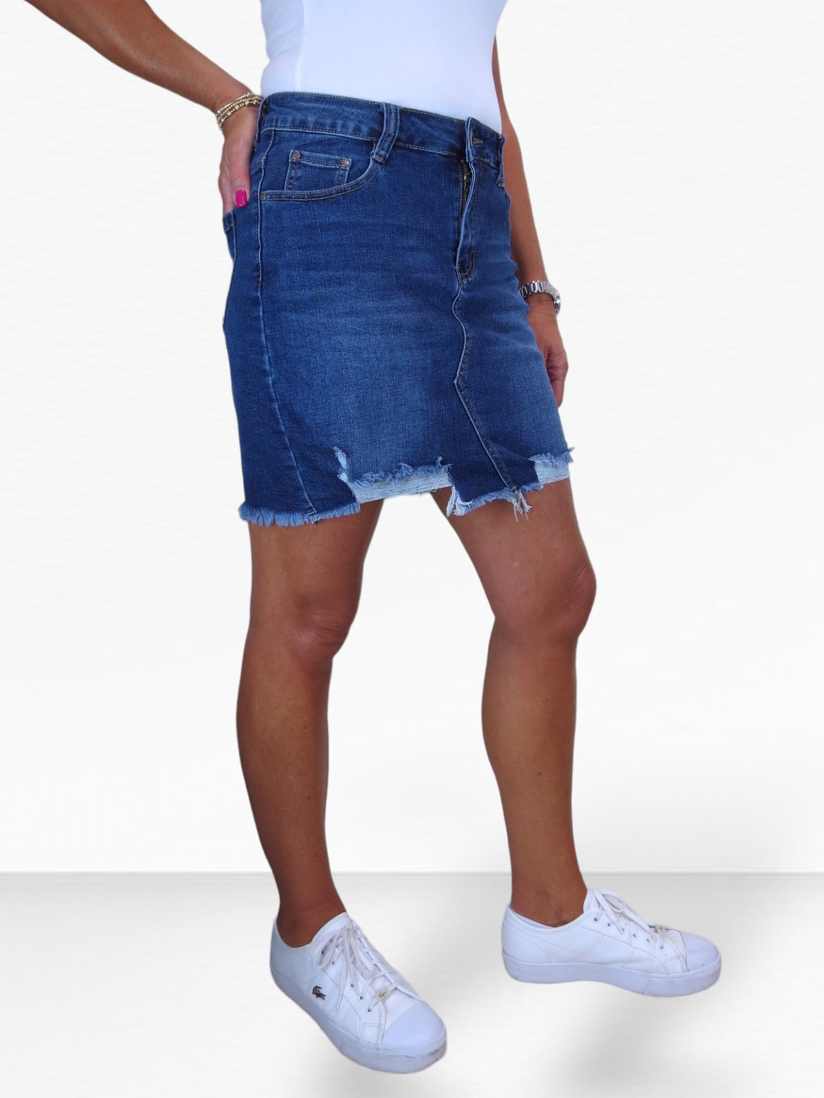 Women's Denim Mini Skirt with Frayed Hem Ripped + Frayed Hem