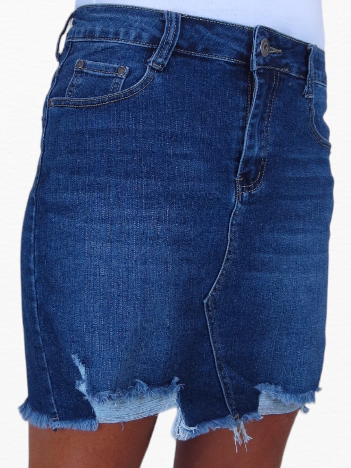 Women's Denim Mini Skirt with Frayed Hem Ripped + Frayed Hem