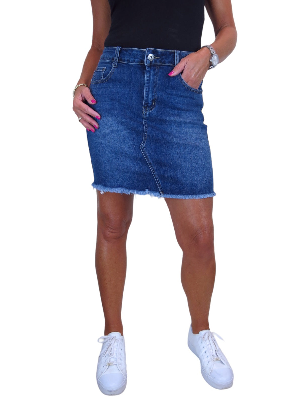 Women's Denim Mini Skirt with Frayed Hem Frayed Hem