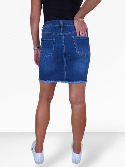 Women's Denim Mini Skirt with Frayed Hem Frayed Hem