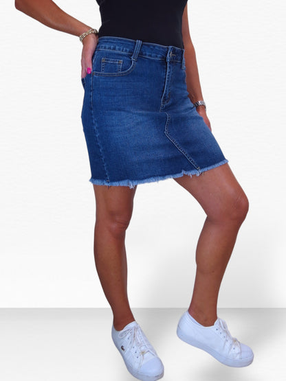Women's Denim Mini Skirt with Frayed Hem Frayed Hem