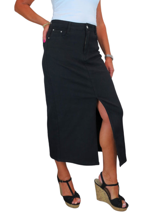 Women's Front Split Maxi Skirt Heavy Cotton Black