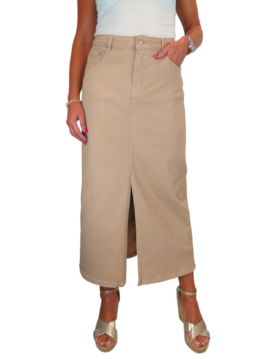 Women's Front Split Maxi Skirt Heavy Cotton Beige