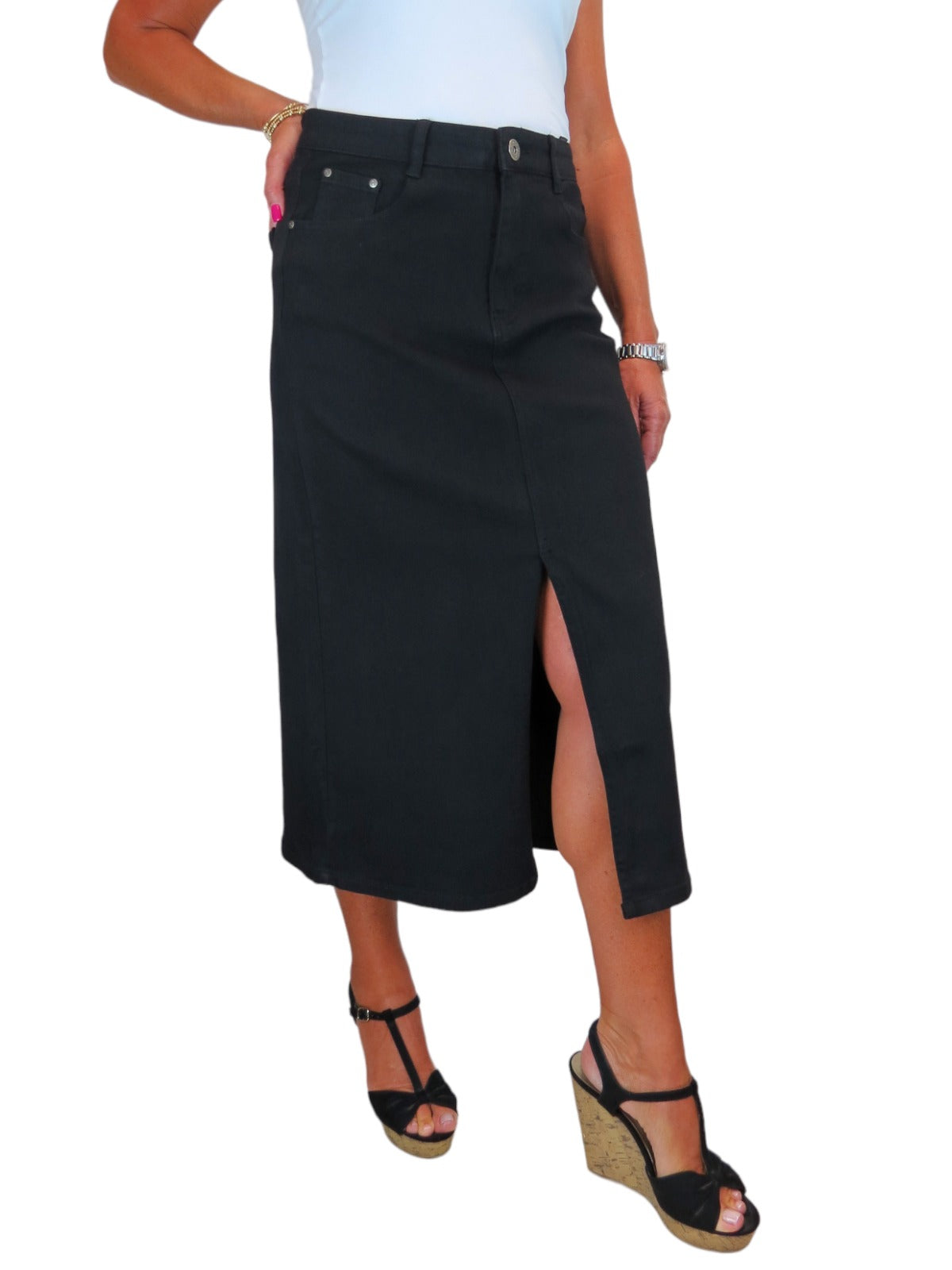 Women's Front Split Denim Maxi Skirt Black