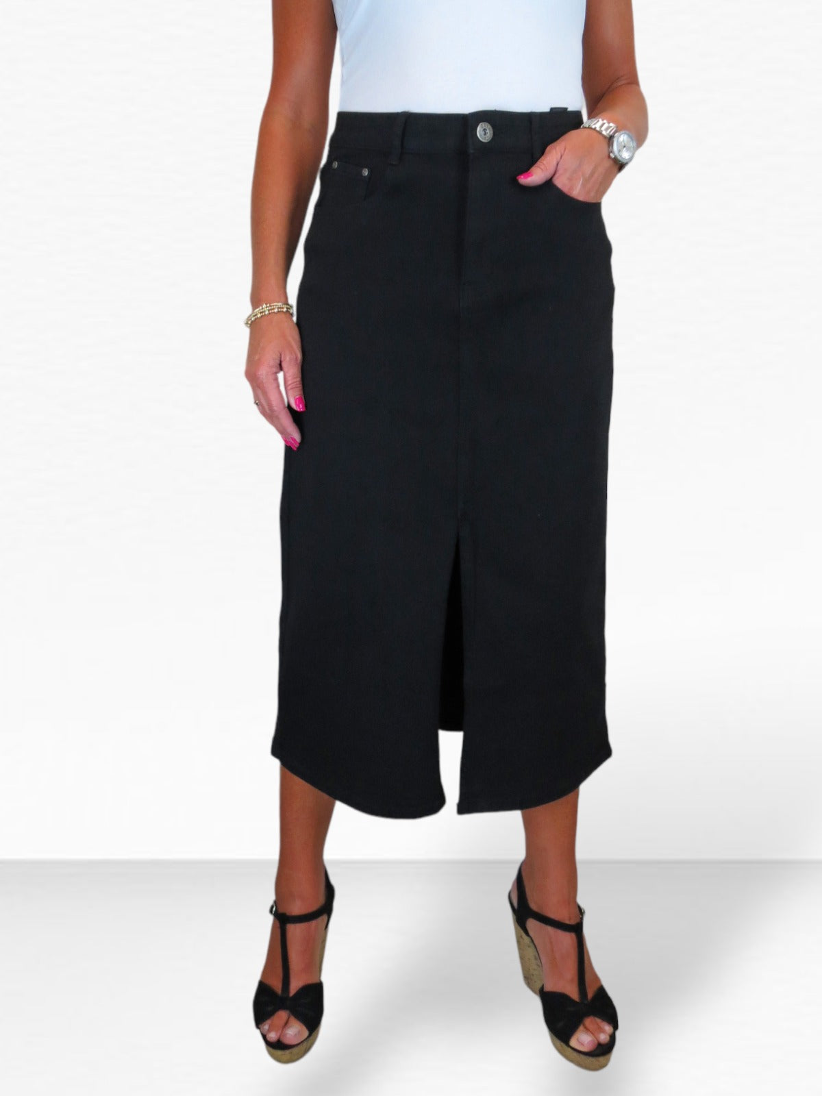 Women's Front Split Denim Maxi Skirt Black