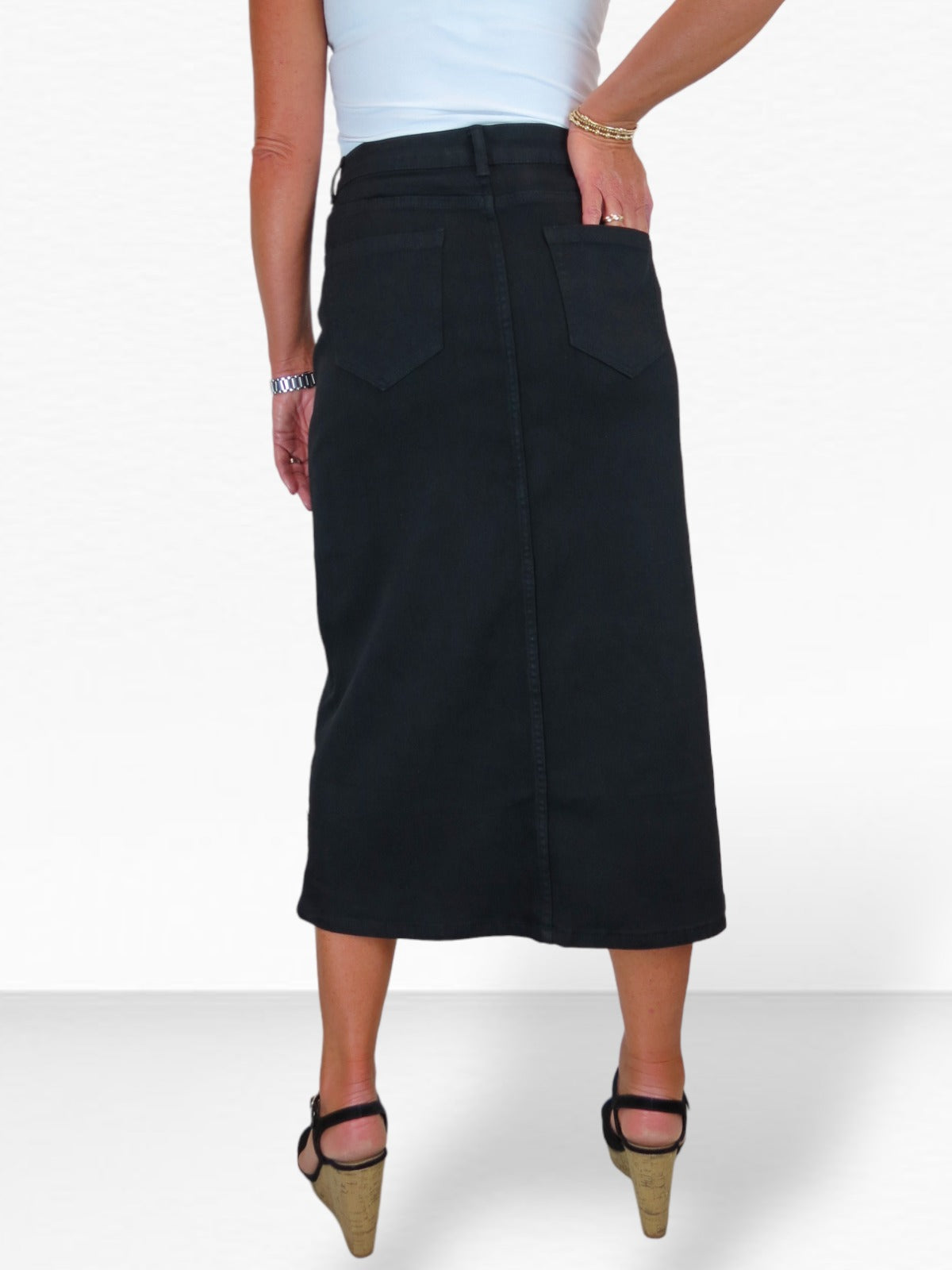 Women's Front Split Denim Maxi Skirt Black