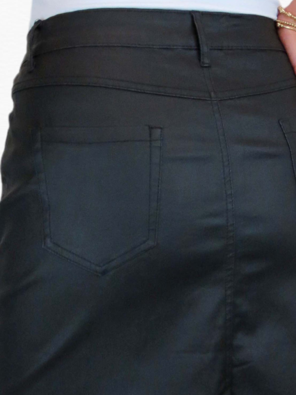 Women's Coated Leather Look Pencil Skirt Black