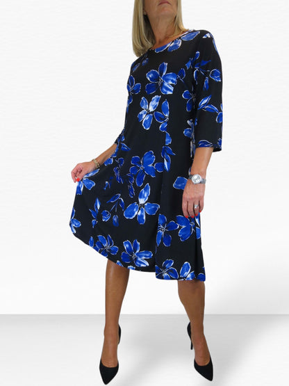 Floral Print Fit And Flare Knee Length Dress Royal Blue