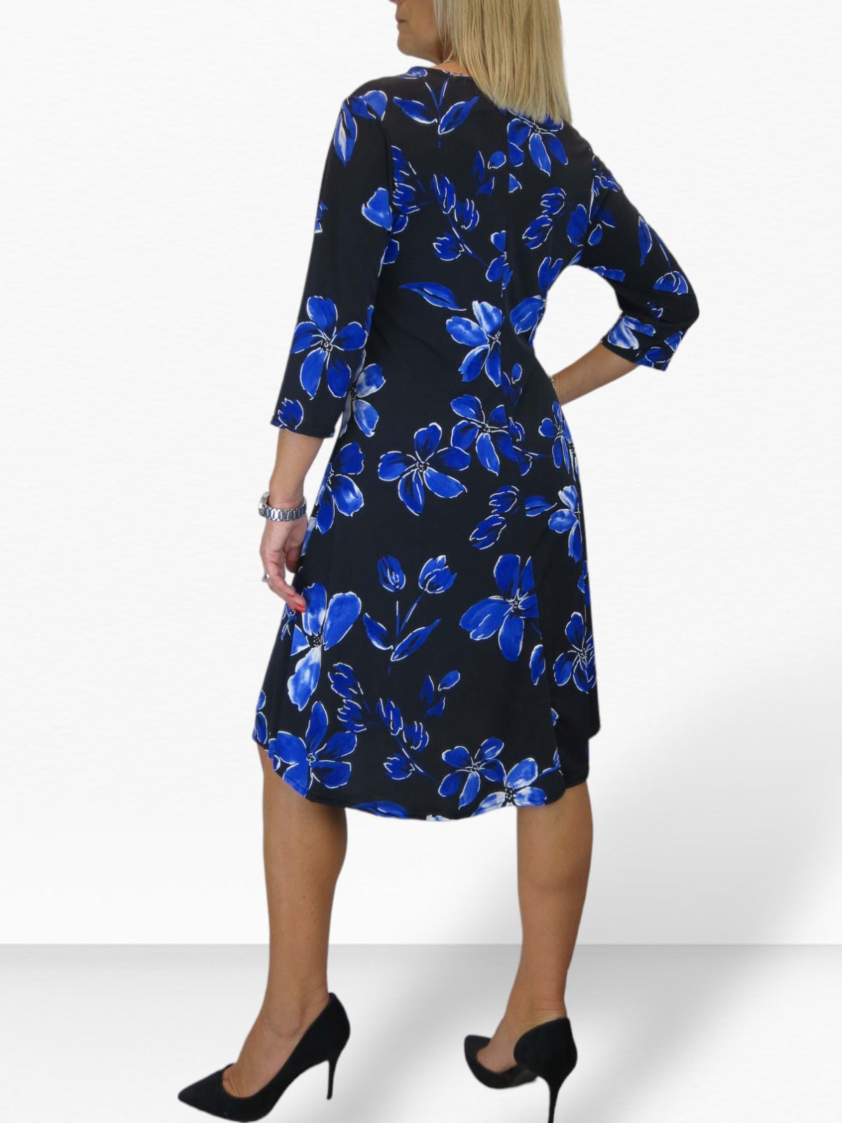 Floral Print Fit And Flare Knee Length Dress Royal Blue