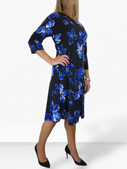 Floral Print Fit And Flare Knee Length Dress Royal Blue