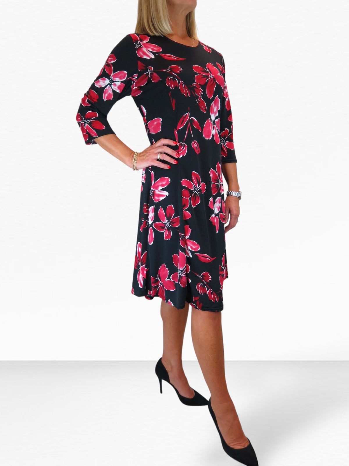 Floral Print Fit And Flare Knee Length Dress Red