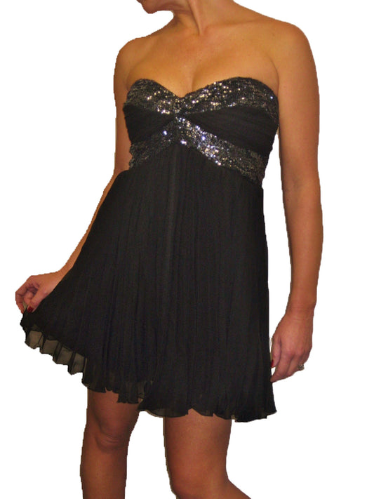 Flared Chiffon Party Mini Dress With Sequins Black