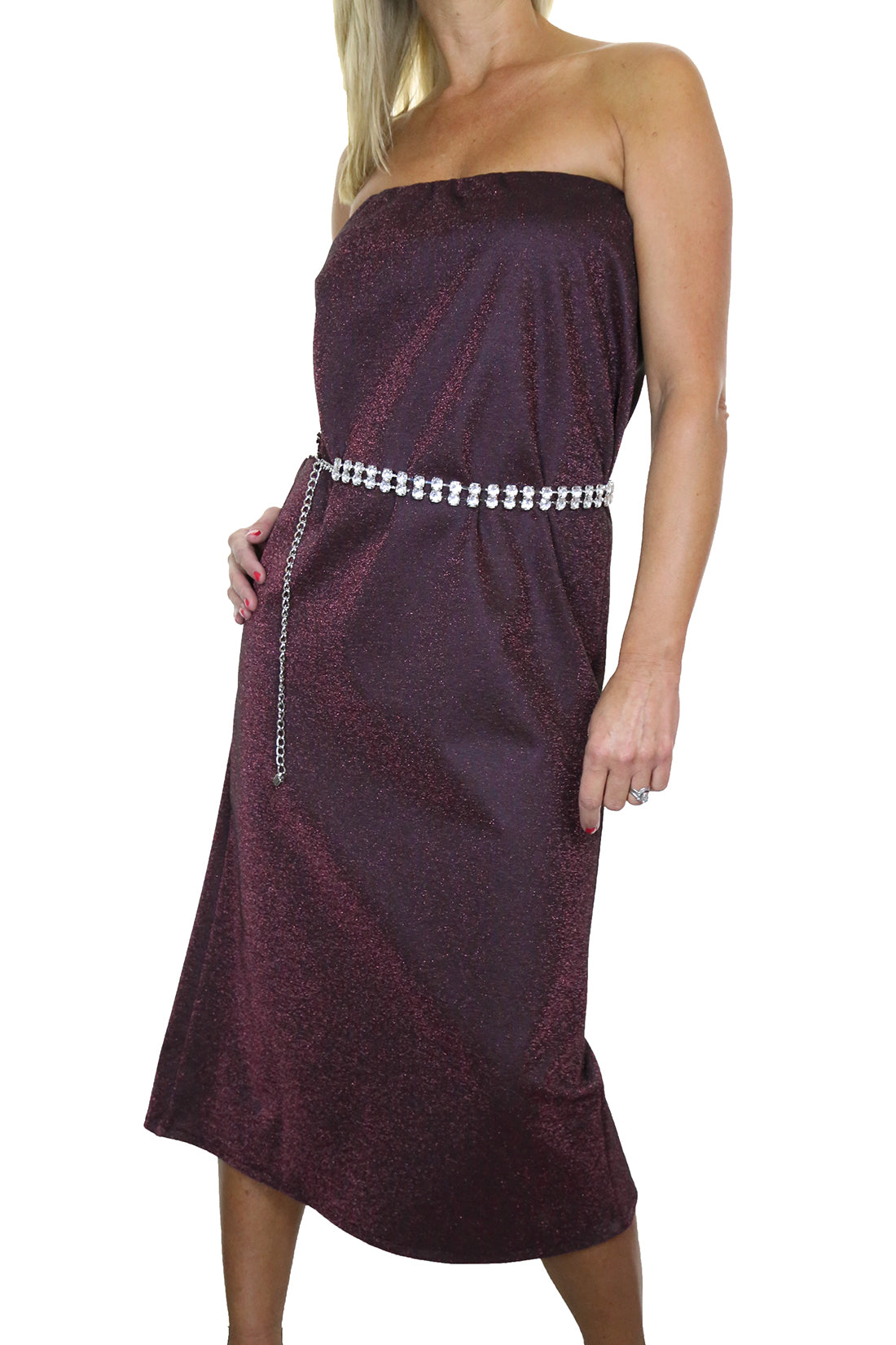 Bandeau Maxi Dress Stretchy Glitter Dark Red