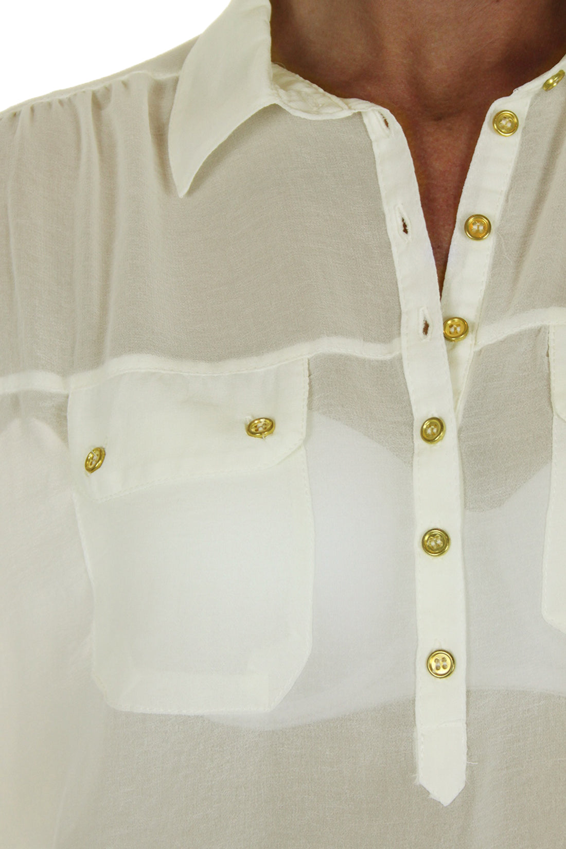 Chiffon Shirt Blouse Top With Gold Buttons Cream