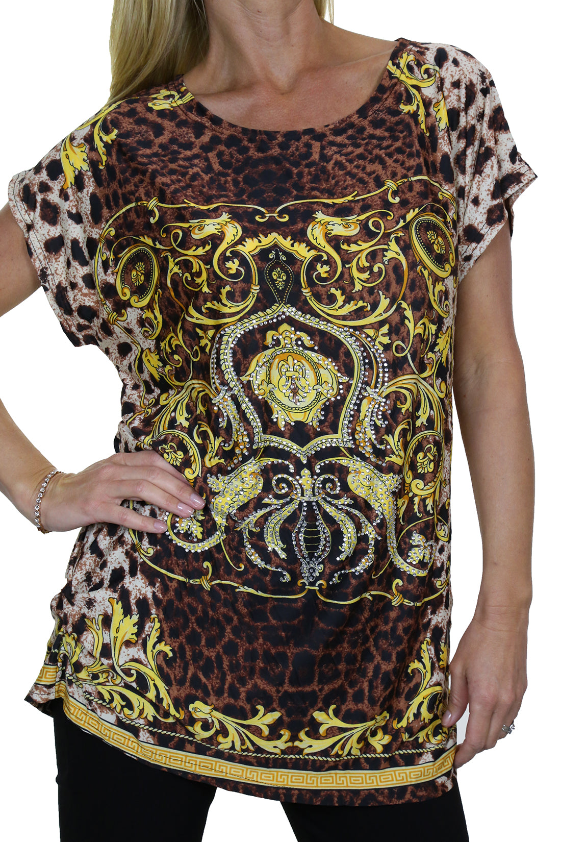 Ladies Animal Print Tunic Top Yellow Gold