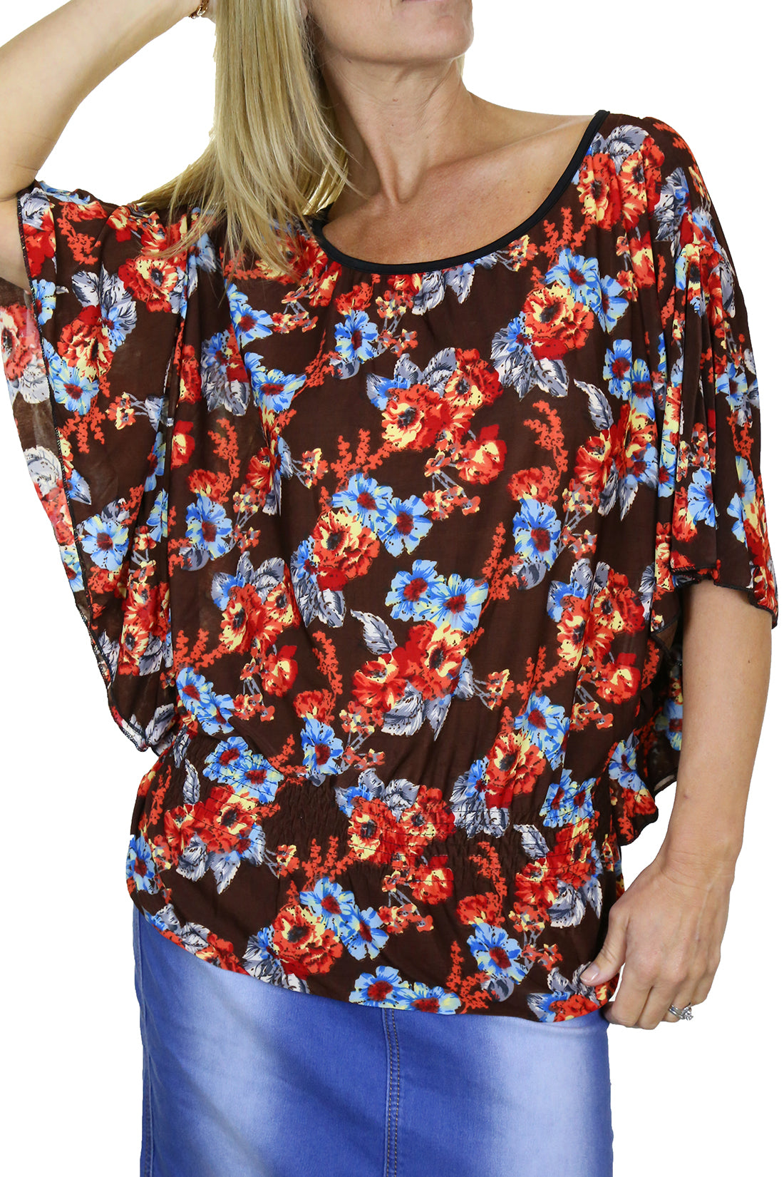 Ladies Batwing Sleeve Floral Print Tunic Top Brown