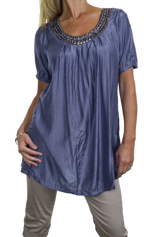 Tunic Top With Silver Bead Stud Detail Blue