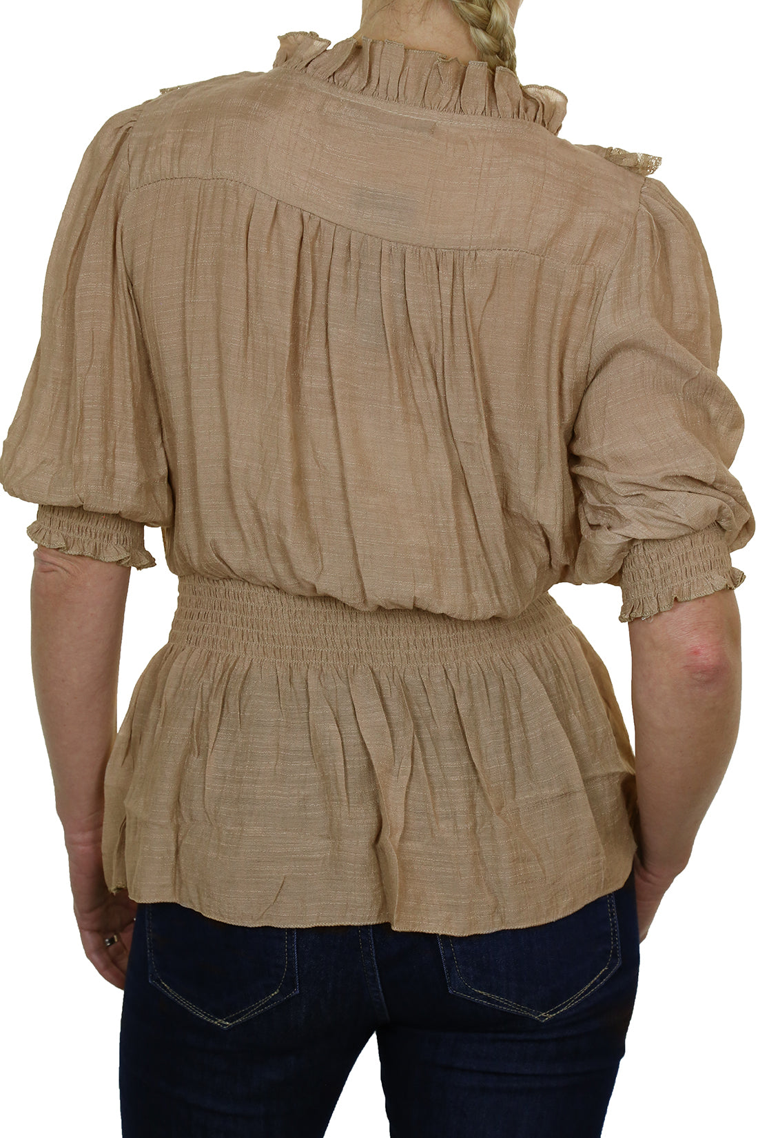 Romantic Style Tunic Shirt Top with Lace Beige