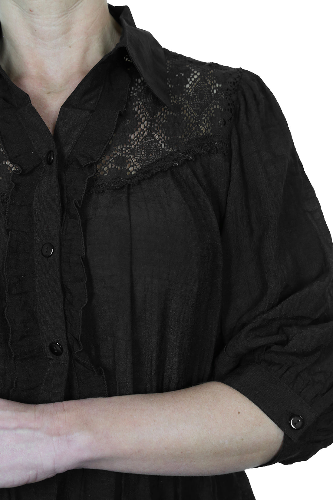 Crochet Lace Shirt Top With Frill Detail Black