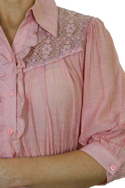 Crochet Lace Shirt Top With Frill Detail Pink