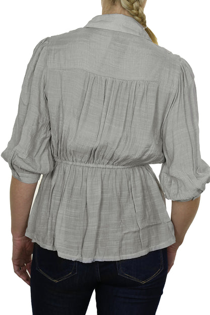 Crochet Lace Shirt Top With Frill Detail Silver Grey