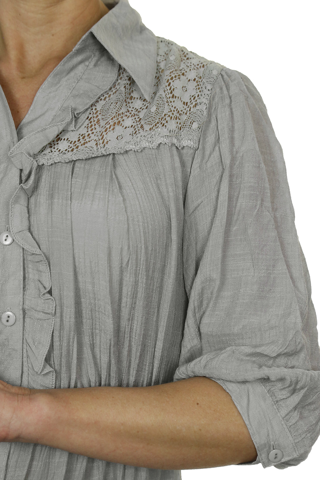 Crochet Lace Shirt Top With Frill Detail Silver Grey