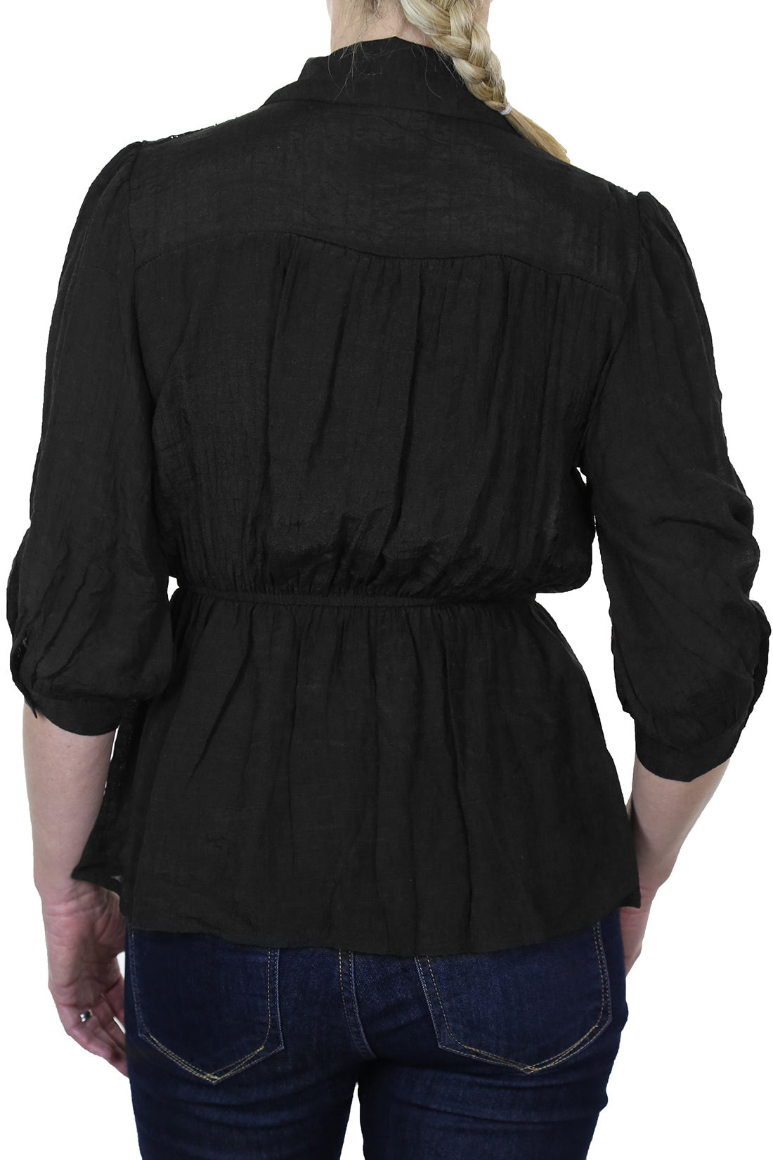 Crochet Lace Shirt Top With Frill Detail Black