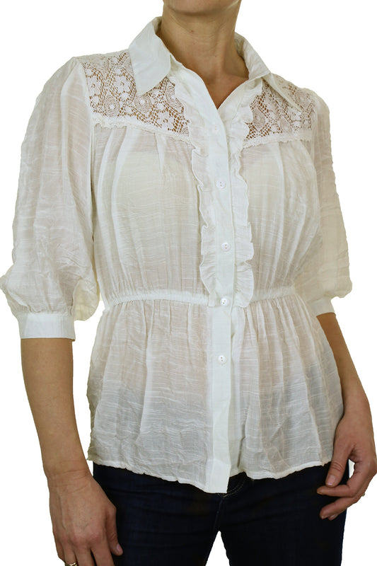 Crochet Lace Shirt Top With Frill Detail Cream