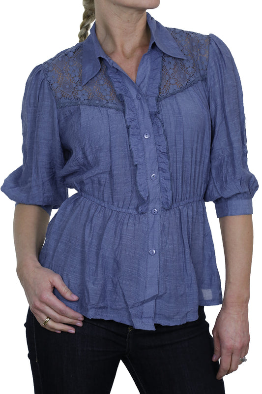 Crochet Lace Shirt Top With Frill Detail Blue