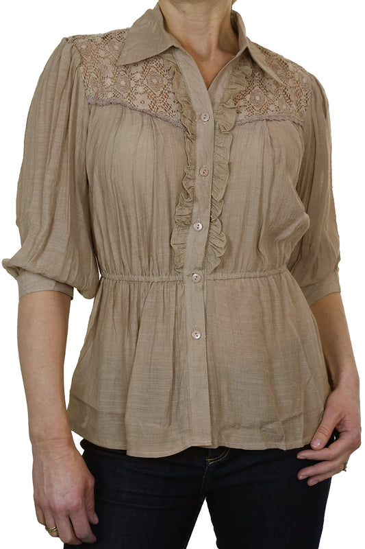 Crochet Lace Shirt Top With Frill Detail Light Brown
