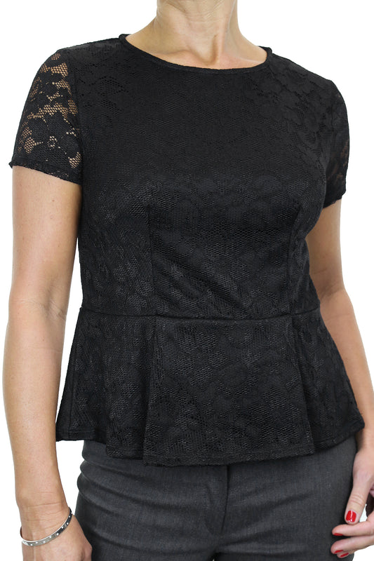 Stretch Lace Peplum Top Fully Lined Black