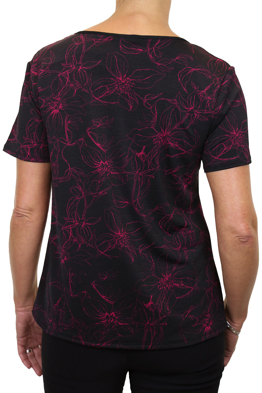 Floral Print Top Stretch With Sheen Black/Pink