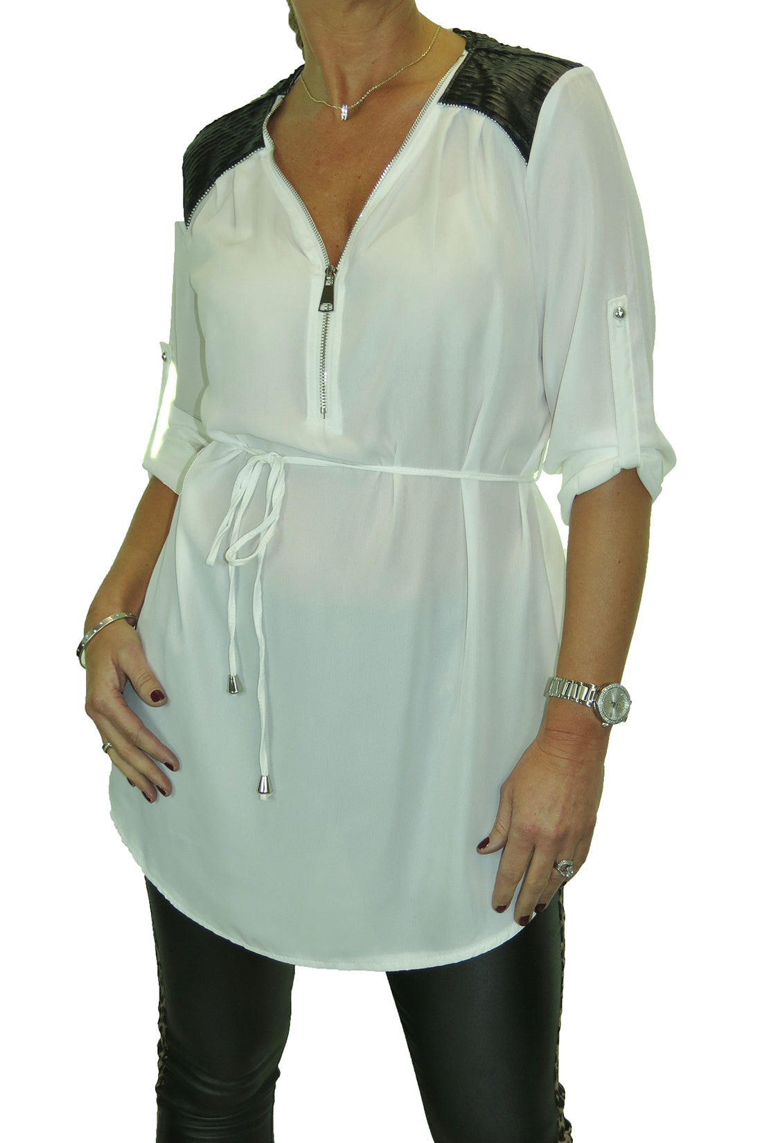 Tunic Shirt Top Fine Georgette with Zip Detail Off-White