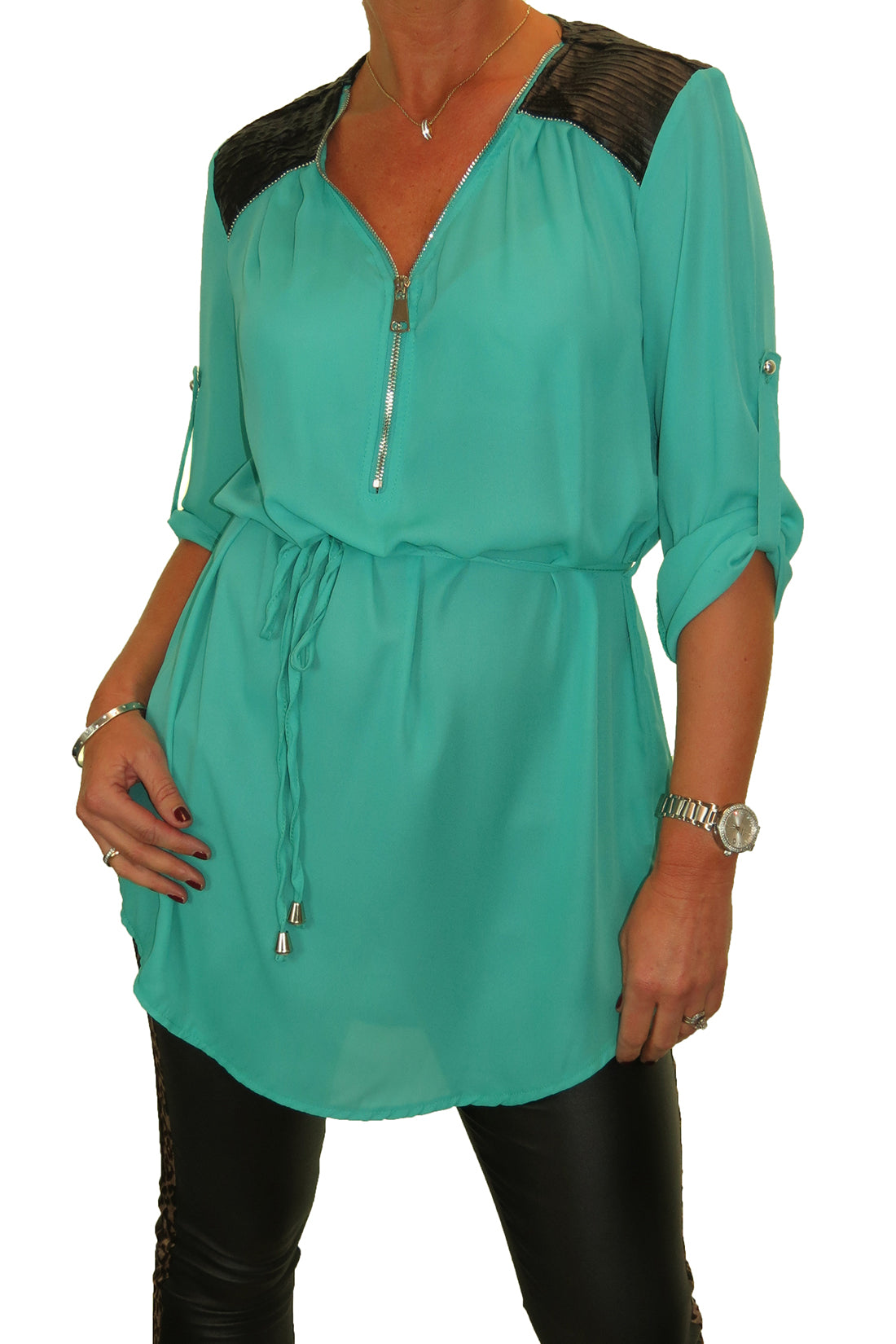 Tunic Shirt Top Fine Georgette with Zip Detail Green