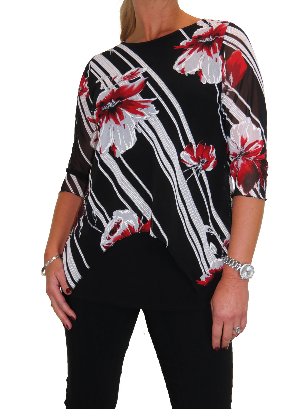 Flower Design Mesh Black Top Black (Red mesh flower)