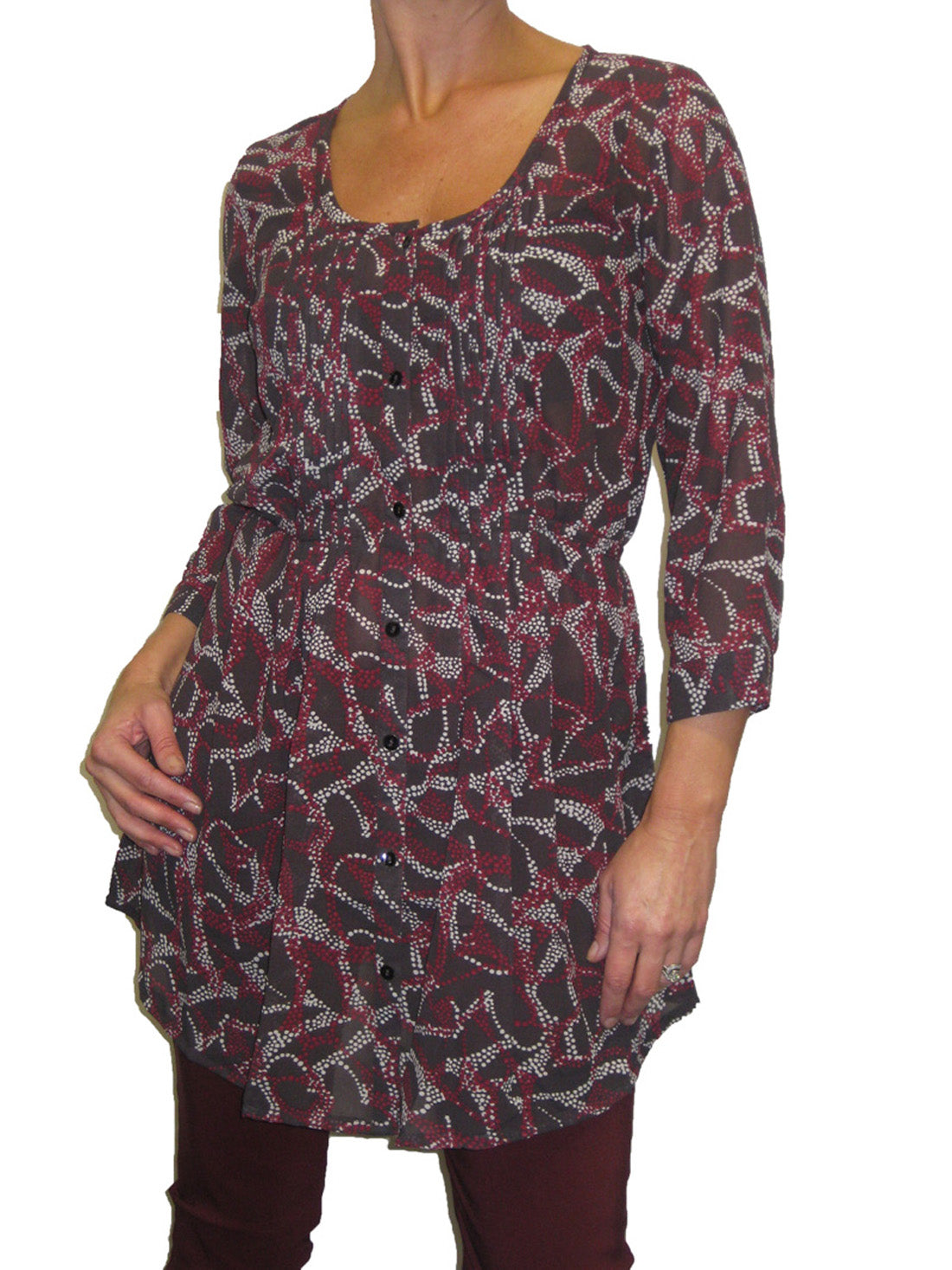 Loose Fit Tunic Shirt Top Print Chiffon Grey/Red