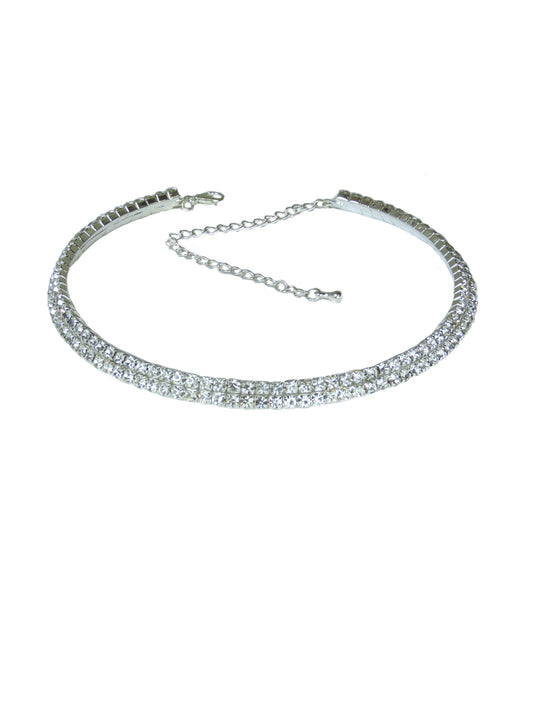 2 Row Diamante Choker Necklace Silver