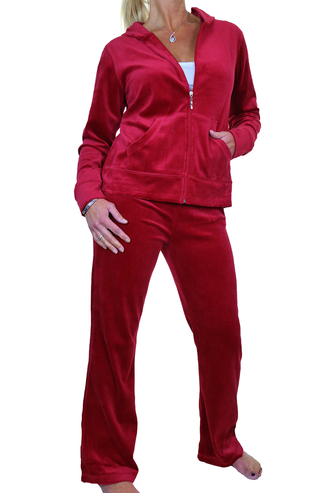 Soft Hooded Velour Tracksuit Red