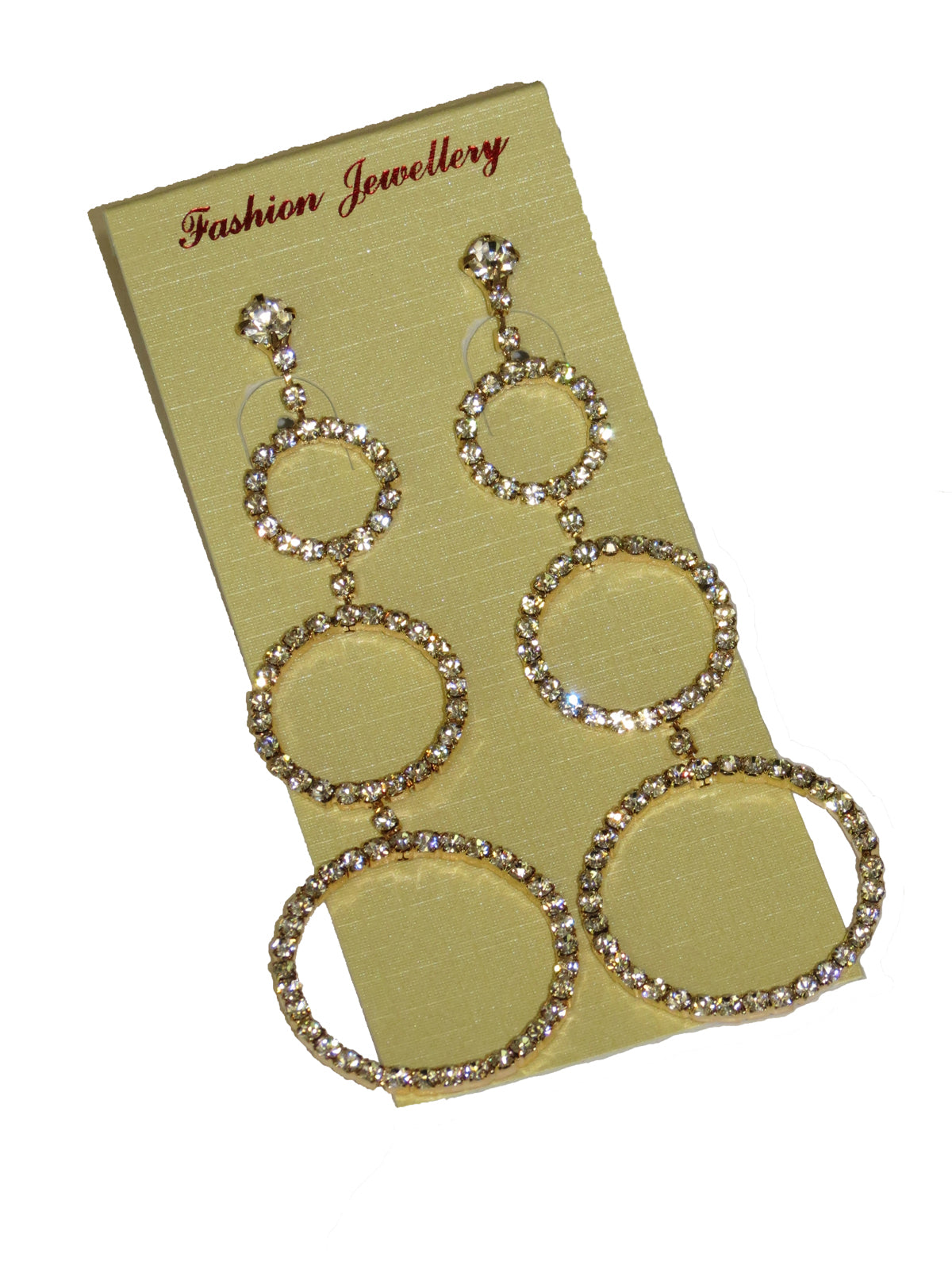 Diamante Earrings 3 Hanging Hoops Pierced Ears Gold