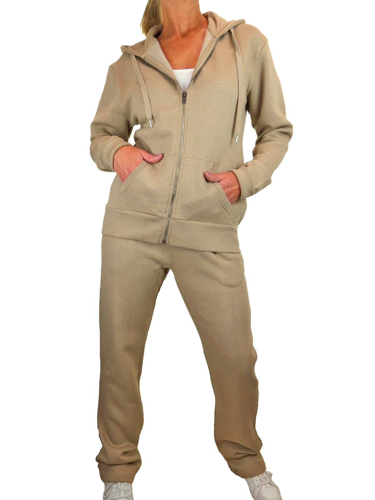 Soft Fleece Back Hooded Tracksuit Set Beige