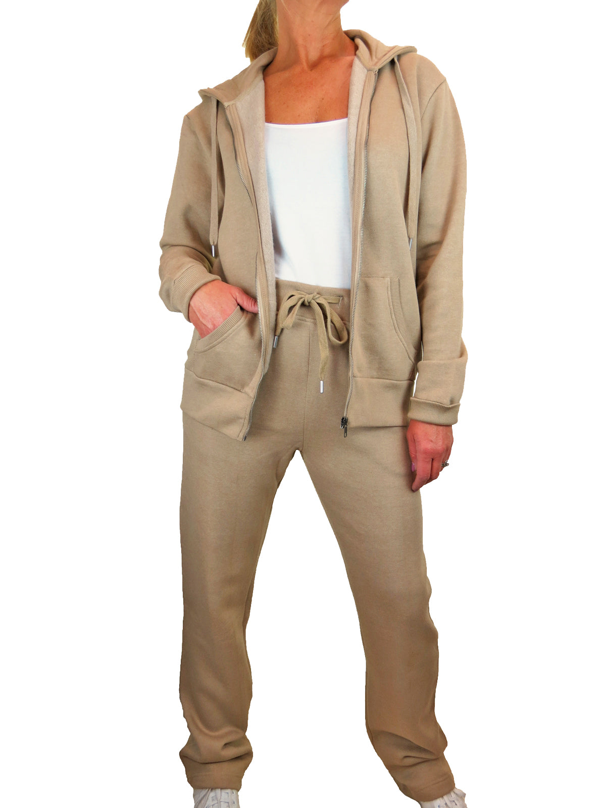 Soft Fleece Back Hooded Tracksuit Set Beige