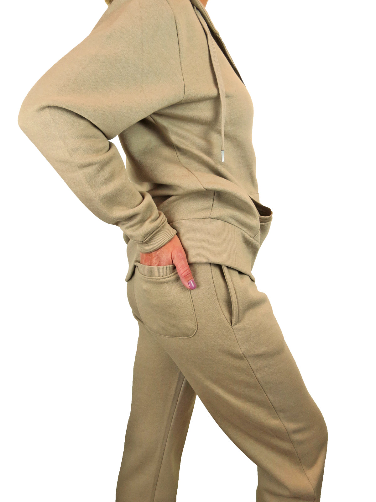Soft Fleece Back Hooded Tracksuit Set Beige